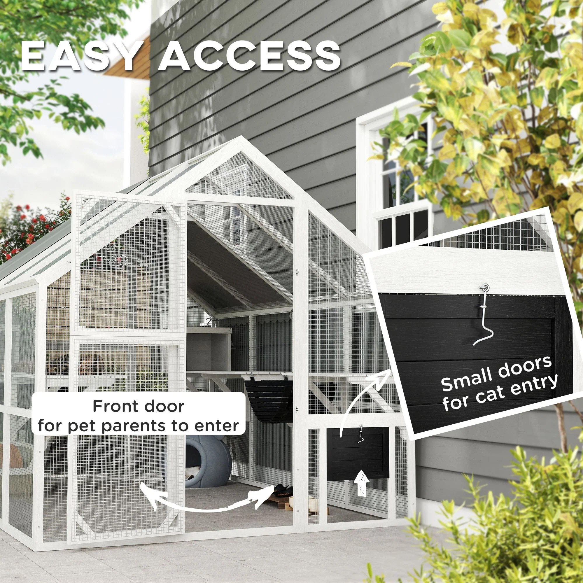 110" Wooden Outdoor Catio with Waterproof Cover, 2 Condos & 6 Platforms, White, DOBA-CAT110W - Image 7