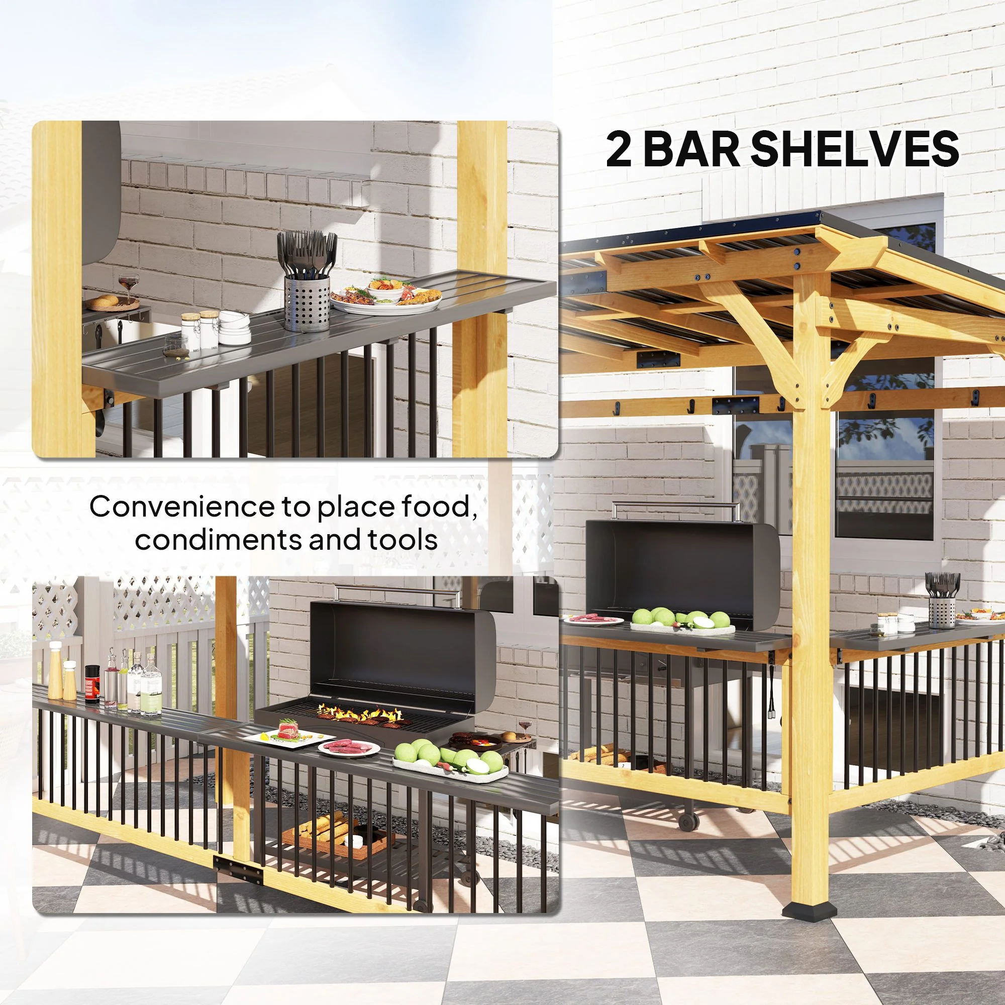 13' x 6' Wooden BBQ Grill Gazebo with Metal Hardtop Roof, Bar Shelves & Hooks, Natural, DOBA-GZ136 - Image 5