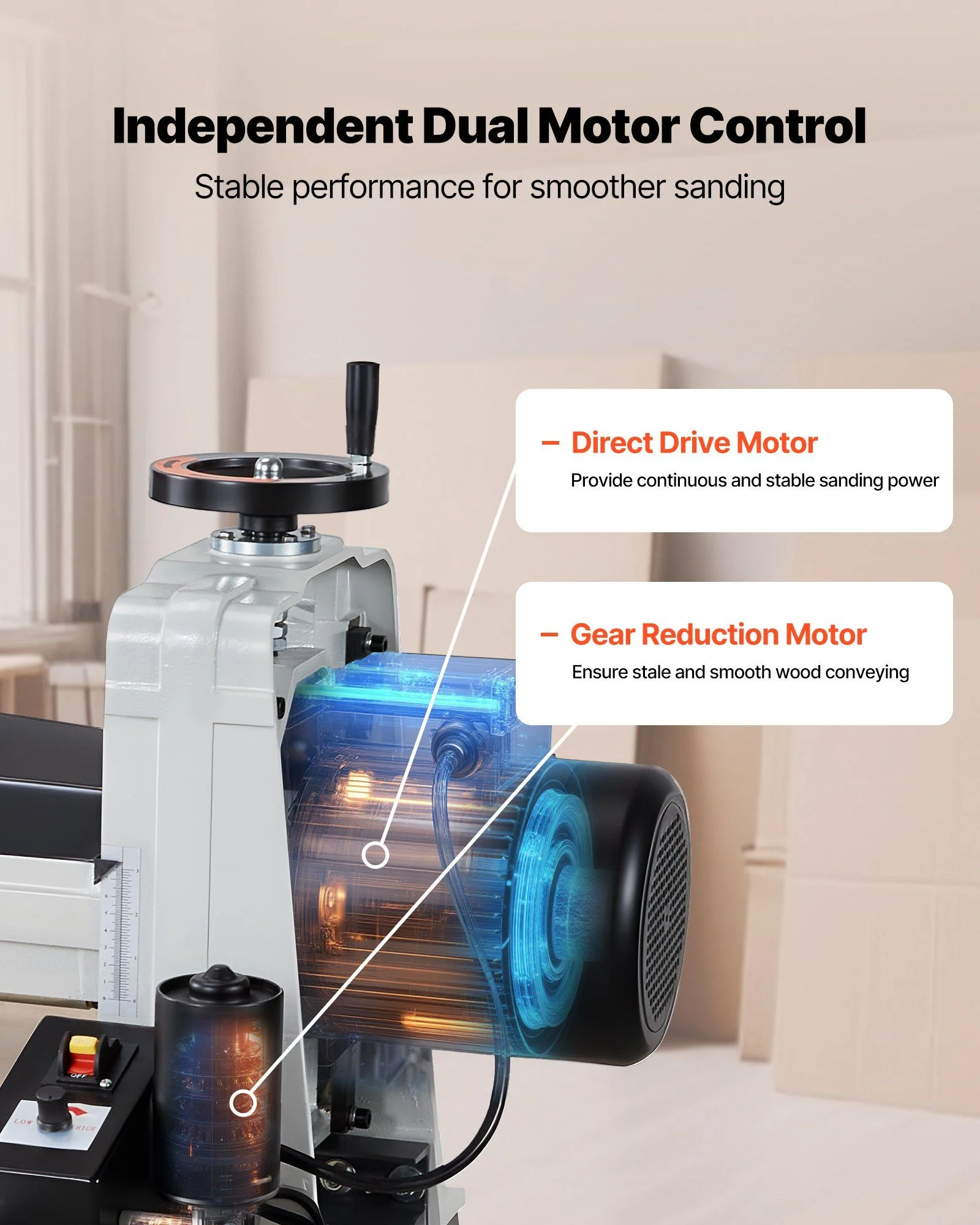 16" Drum Sander with Stand & Extension Tables, 1.5HP Variable Speed Dual Motor, VEVOR, DOBA-DS1615HP - Image 4