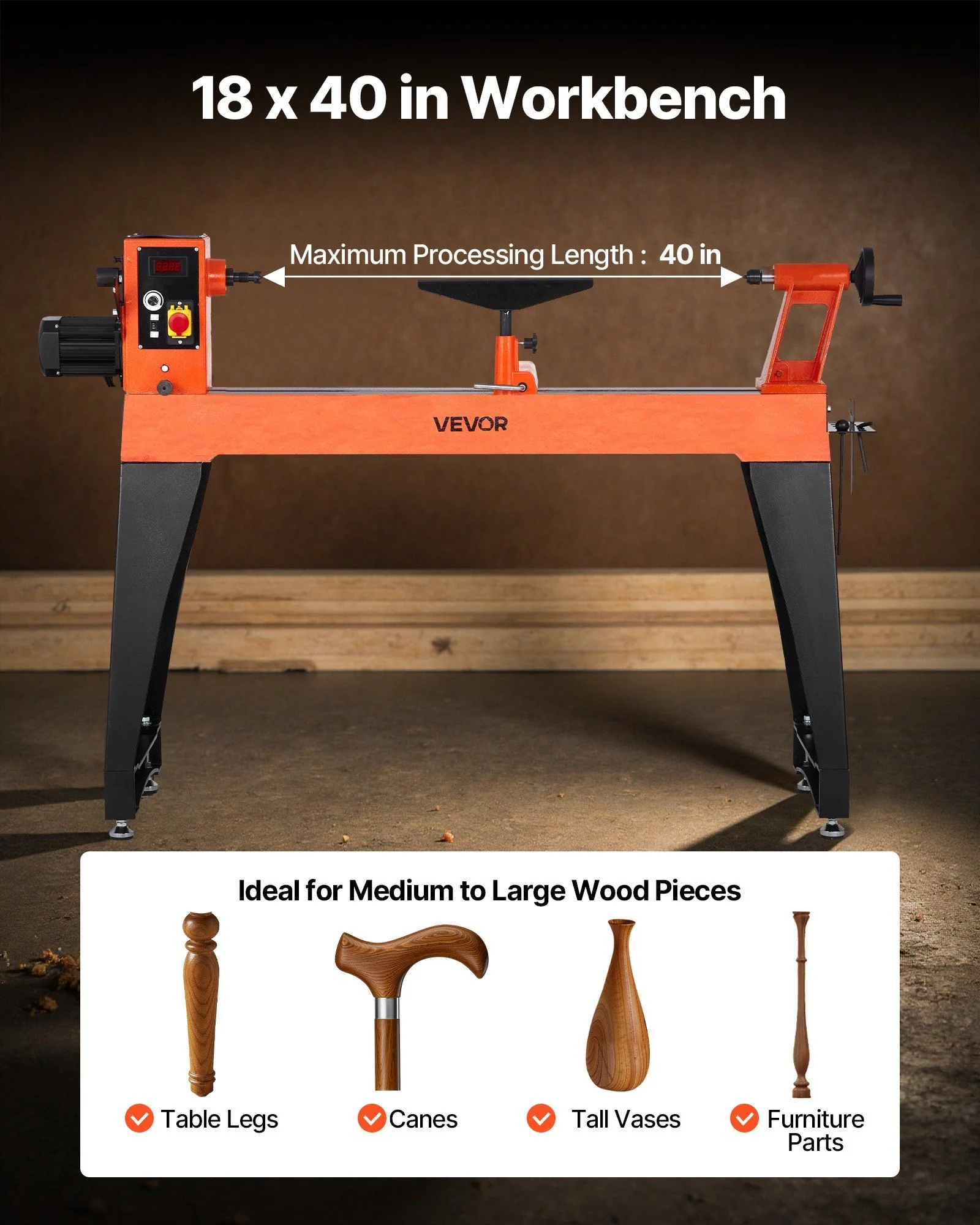 2 HP Woodworking Lathe with Variable Speed 0–3200 RPM, VEVOR, DOBA-LT1840 - Image 3