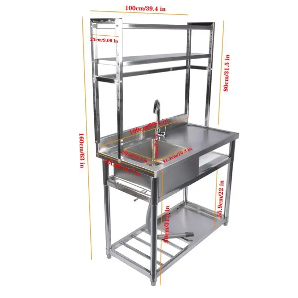 39.4" Stainless Steel Utility Sink, Single Bowl Commercial Sink, Shelves, Drainboard & Hanging Tools, DOBA-US39 - Image 10