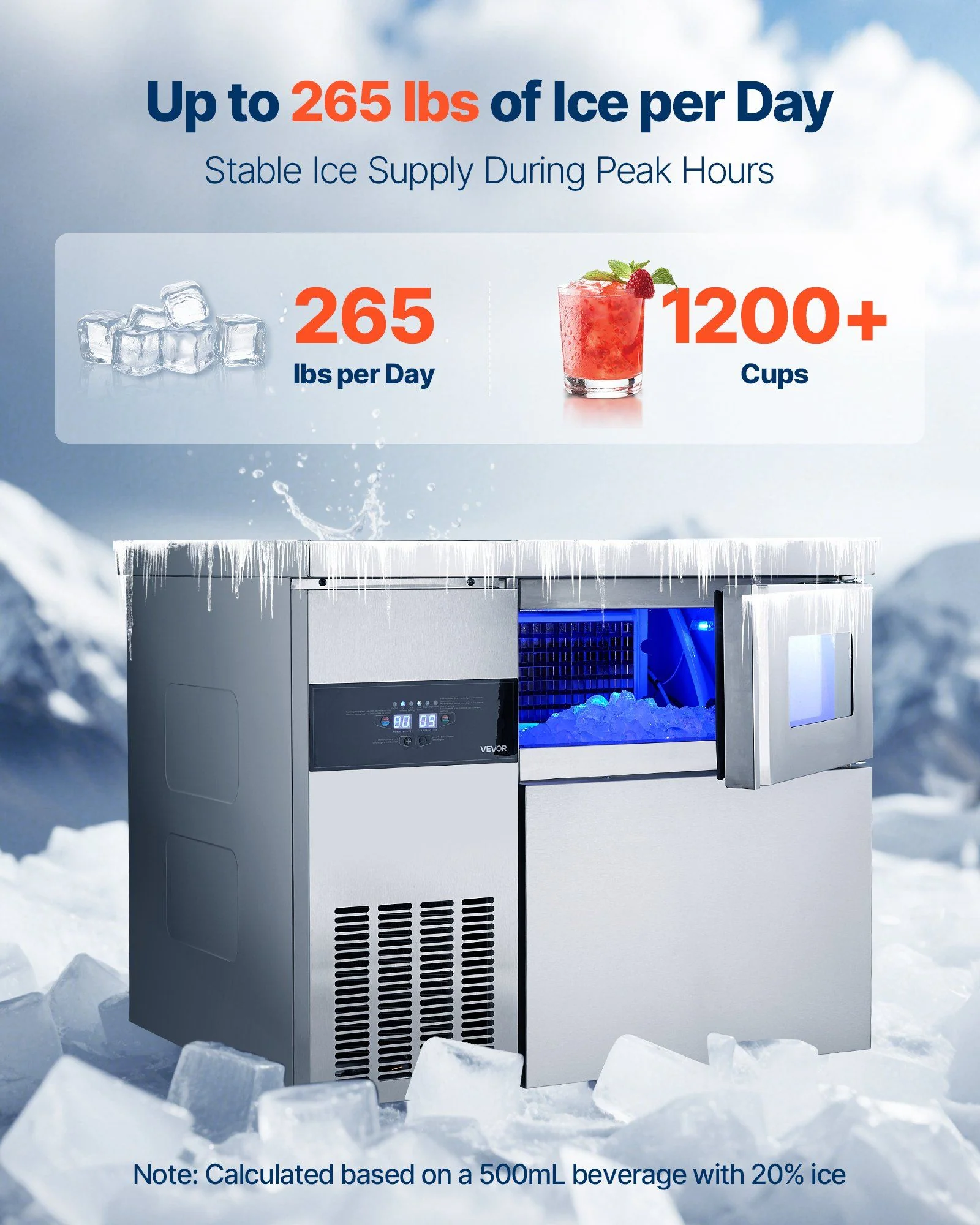 265 lbs/24H Commercial Ice Maker, Stainless Steel with Worktop, 66 lbs Storage & 126 Cubes per Cycle, Self-Cleaning Freestanding Design, DOBA-IM265 - Image 5