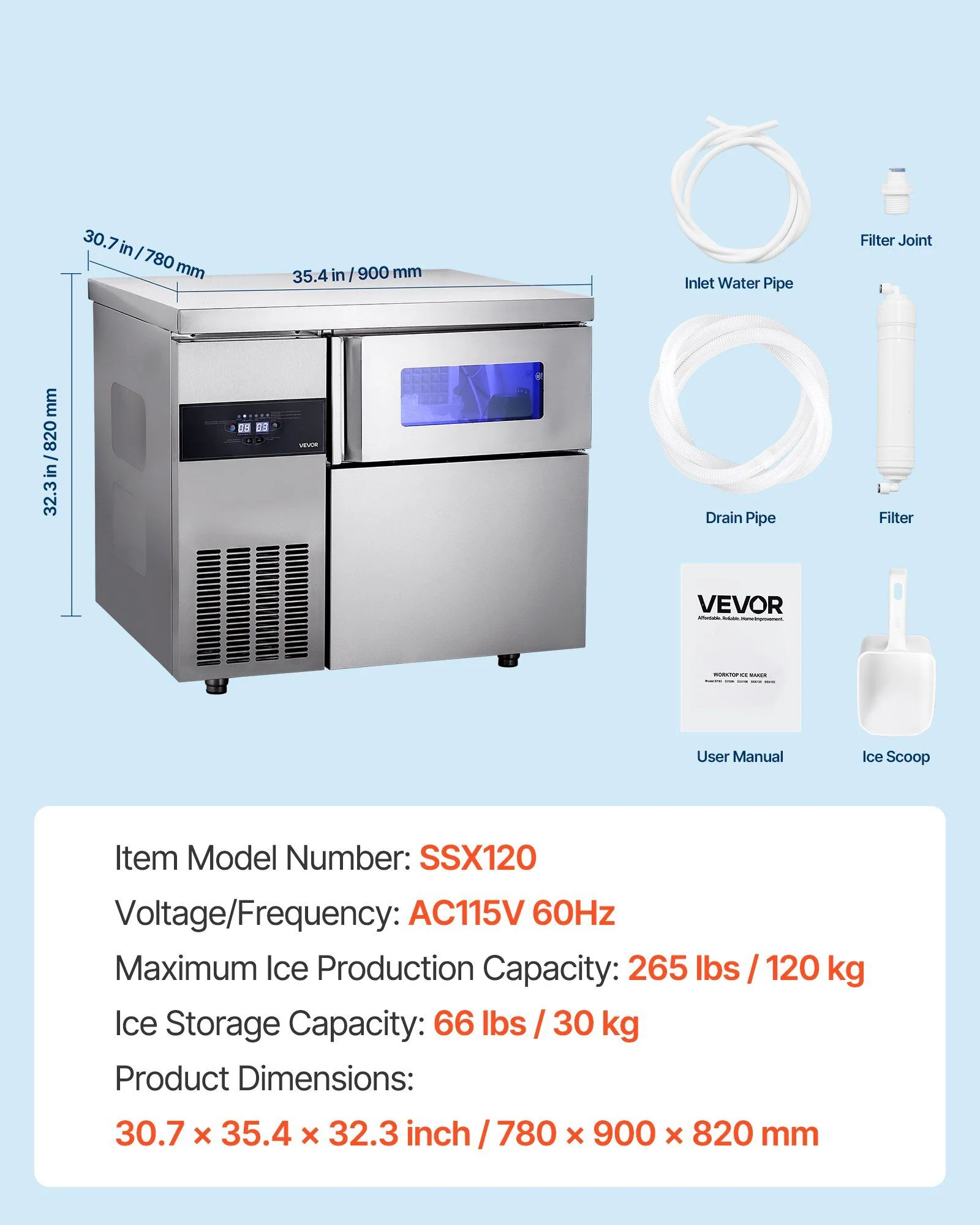 265 lbs/24H Commercial Ice Maker, Stainless Steel with Worktop, 66 lbs Storage & 126 Cubes per Cycle, Self-Cleaning Freestanding Design, DOBA-IM265 - Image 8