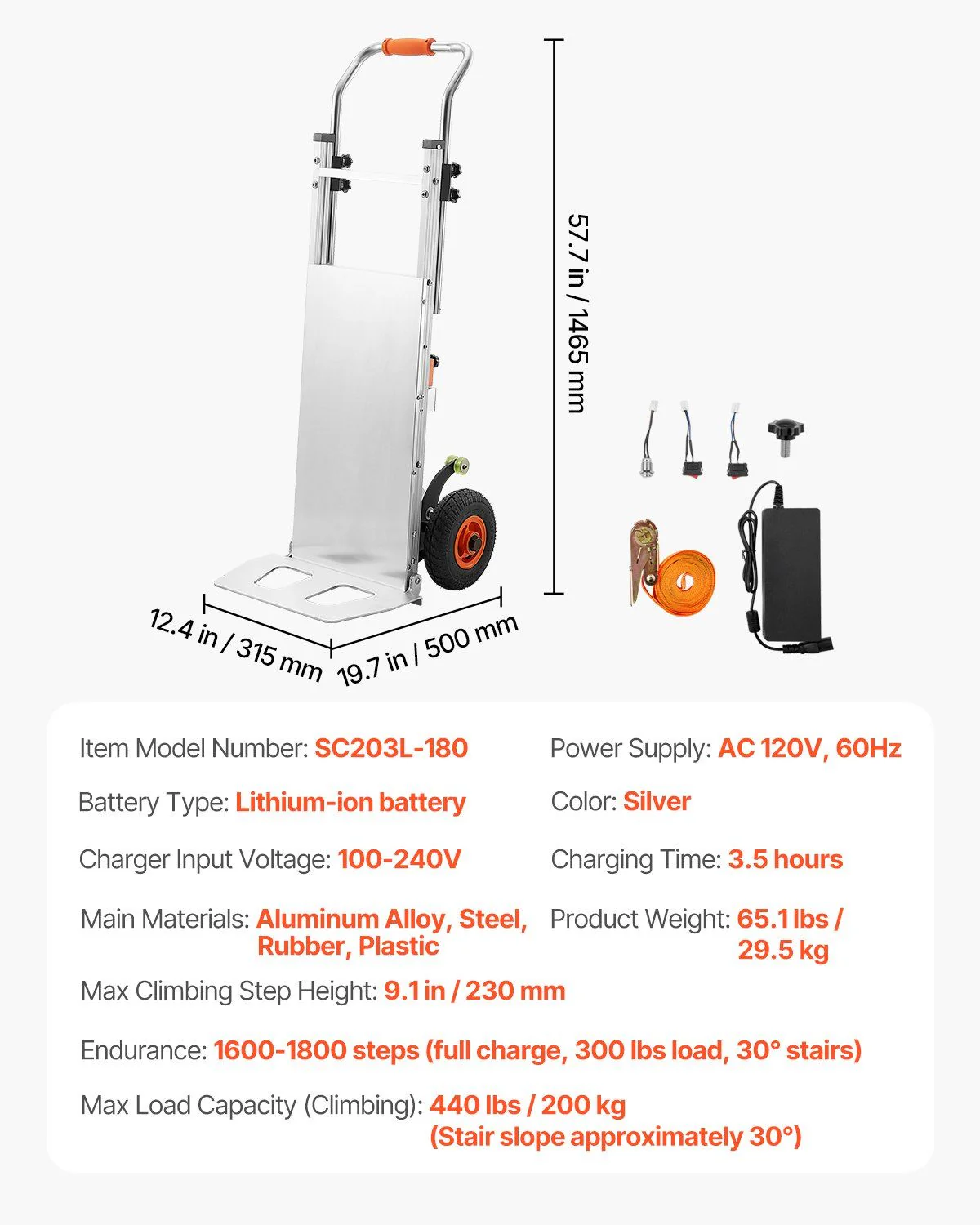 Electric Stair Climbing Dolly 440 lb Capacity with Brushless Motor & Adjustable Handle, VEVOR, DOBA-ESCD440L - Image 7