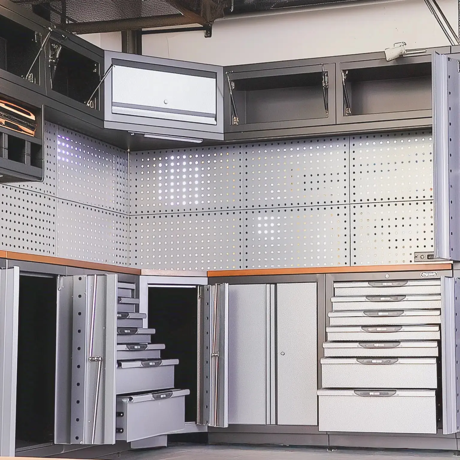 Extreme-Duty Steel Garage Corner (11' + 8.5') Tool Chest w/Pegboard, Power Outlets, USB Port, Magnetic Motion LED Lamps, TMG-WBM15 - Image 4