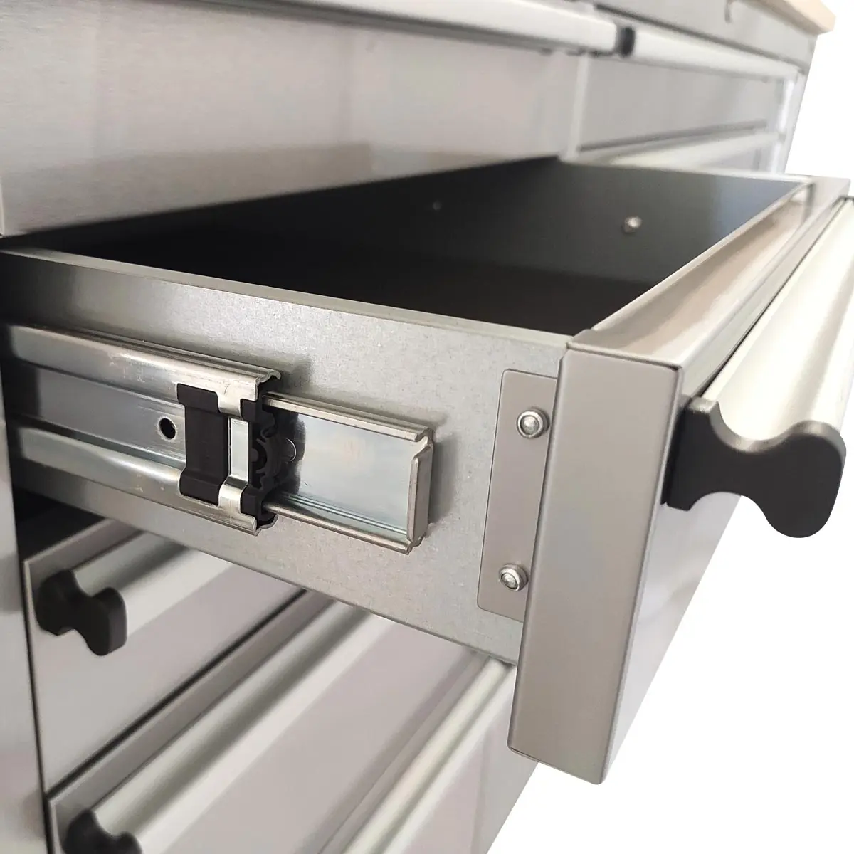 72" Stainless Steel Rolling Workbench, Rubberwood Tabletop, Lockable Drawers and Cabinet, Locking Wheels, TMG-WB7210S - Image 8
