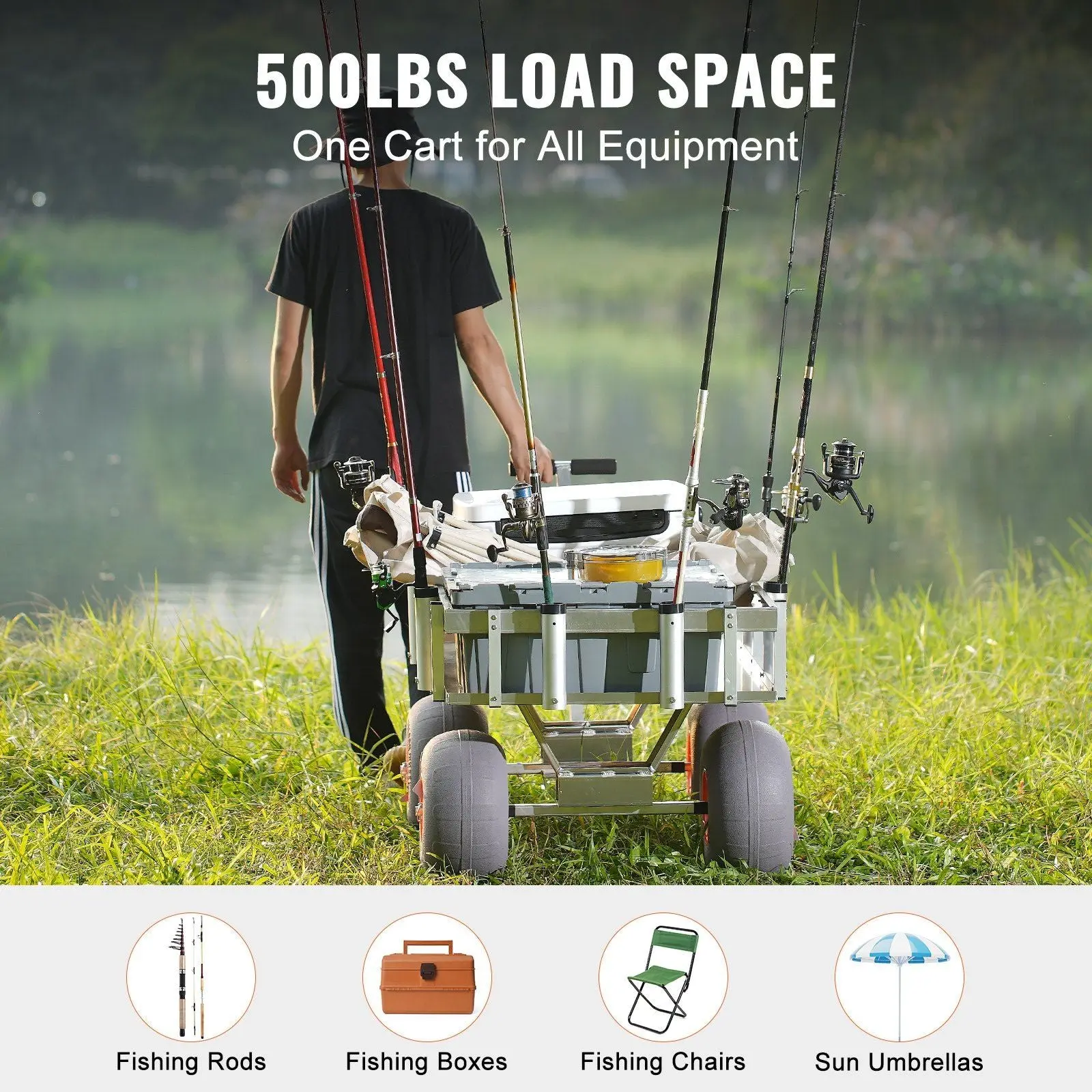 500 lbs Beach Fishing Cart, 13" PU Balloon Tires, Heavy-Duty Aluminum Frame, 6 Rod Holders, DOBA-MC500 - Image 5