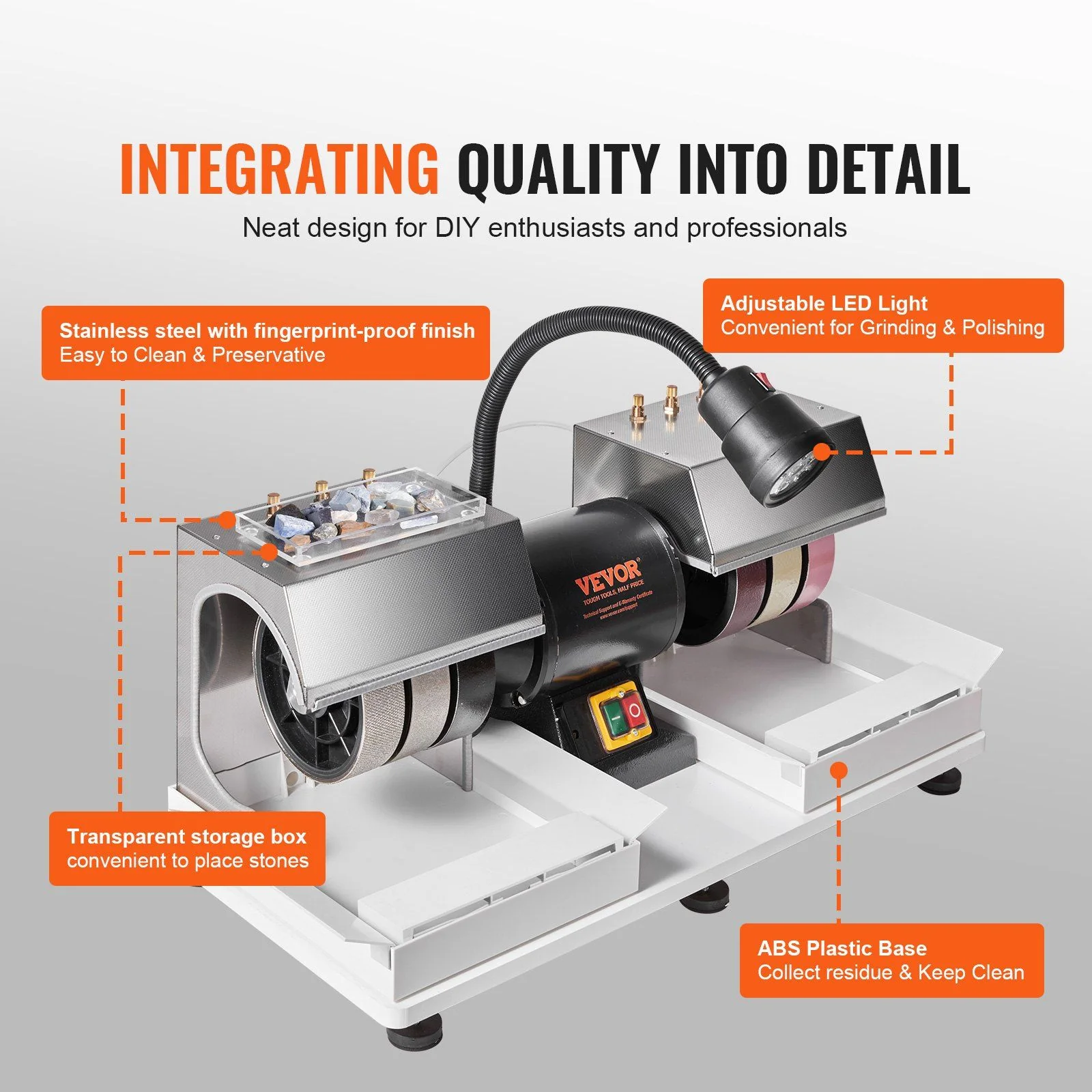 6" Cabbing Machine, 1/4HP 1800 RPM Lapidary Grinder Polisher, Lamp & Water Pump Included, Gem and Stone Faceting Machine, DOBA-CM6 - Image 7