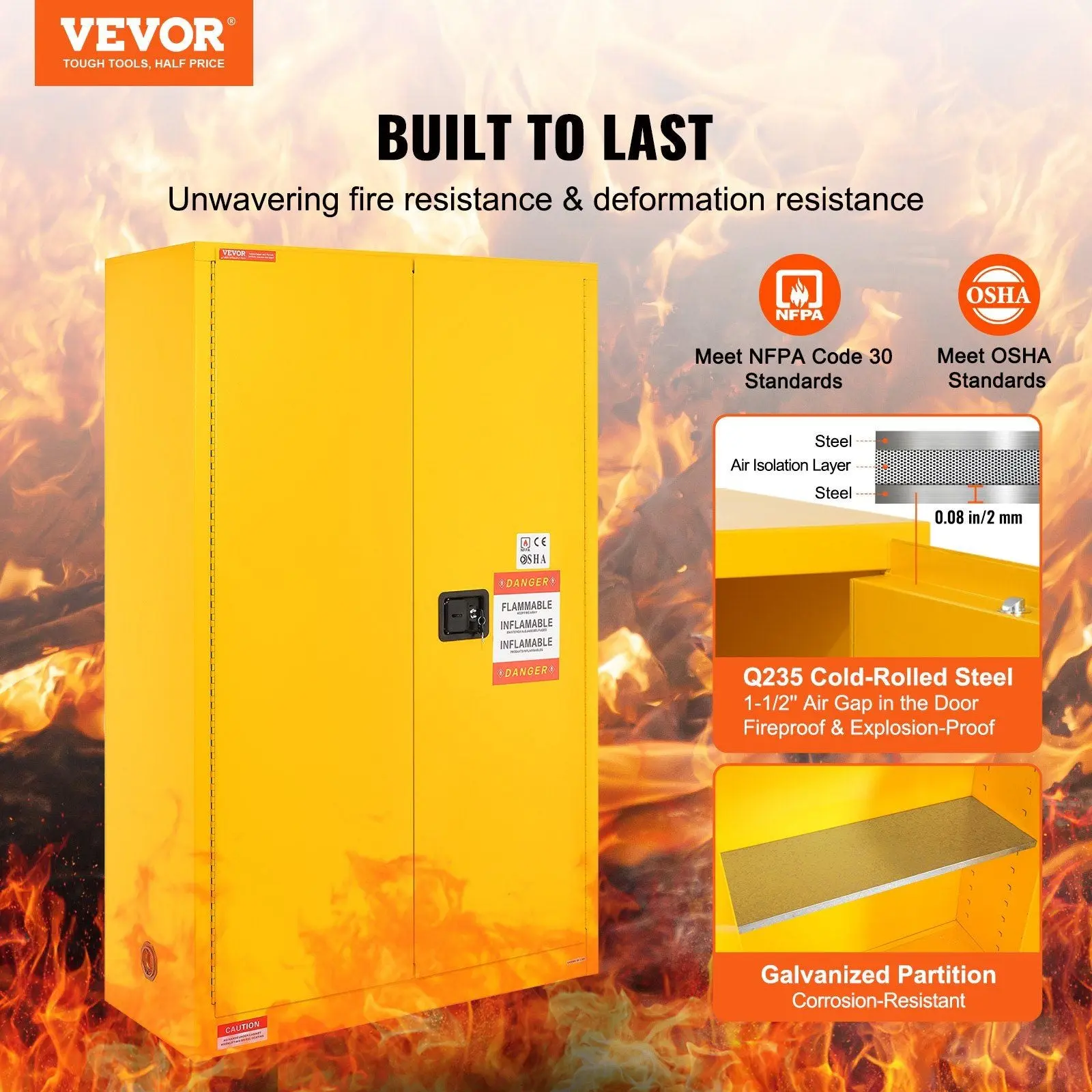 45 Gal Flammable Safety Cabinet, Cold-Rolled Steel, Explosion-Proof Design, 2 Adjustable Shelves, DOBA-CF45 - Image 3
