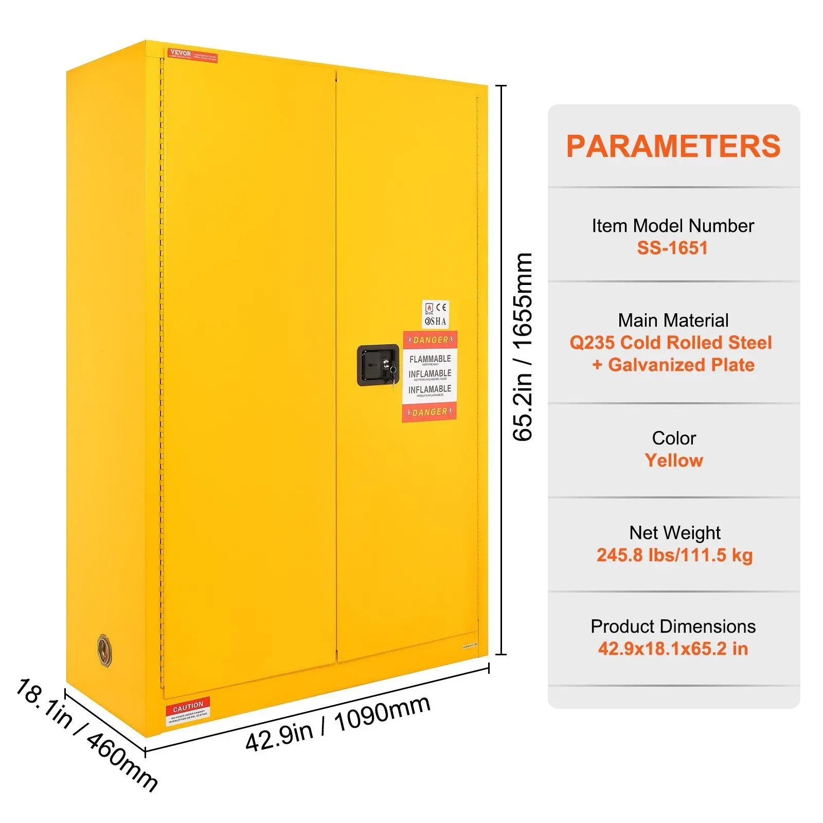 45 Gal Flammable Safety Cabinet, Cold-Rolled Steel, Explosion-Proof Design, 2 Adjustable Shelves, DOBA-CF45 - Image 4
